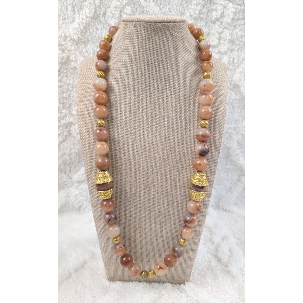 Vintage Style Acrylic Bead Necklace Peach Brown Gold Tone 24" Statement